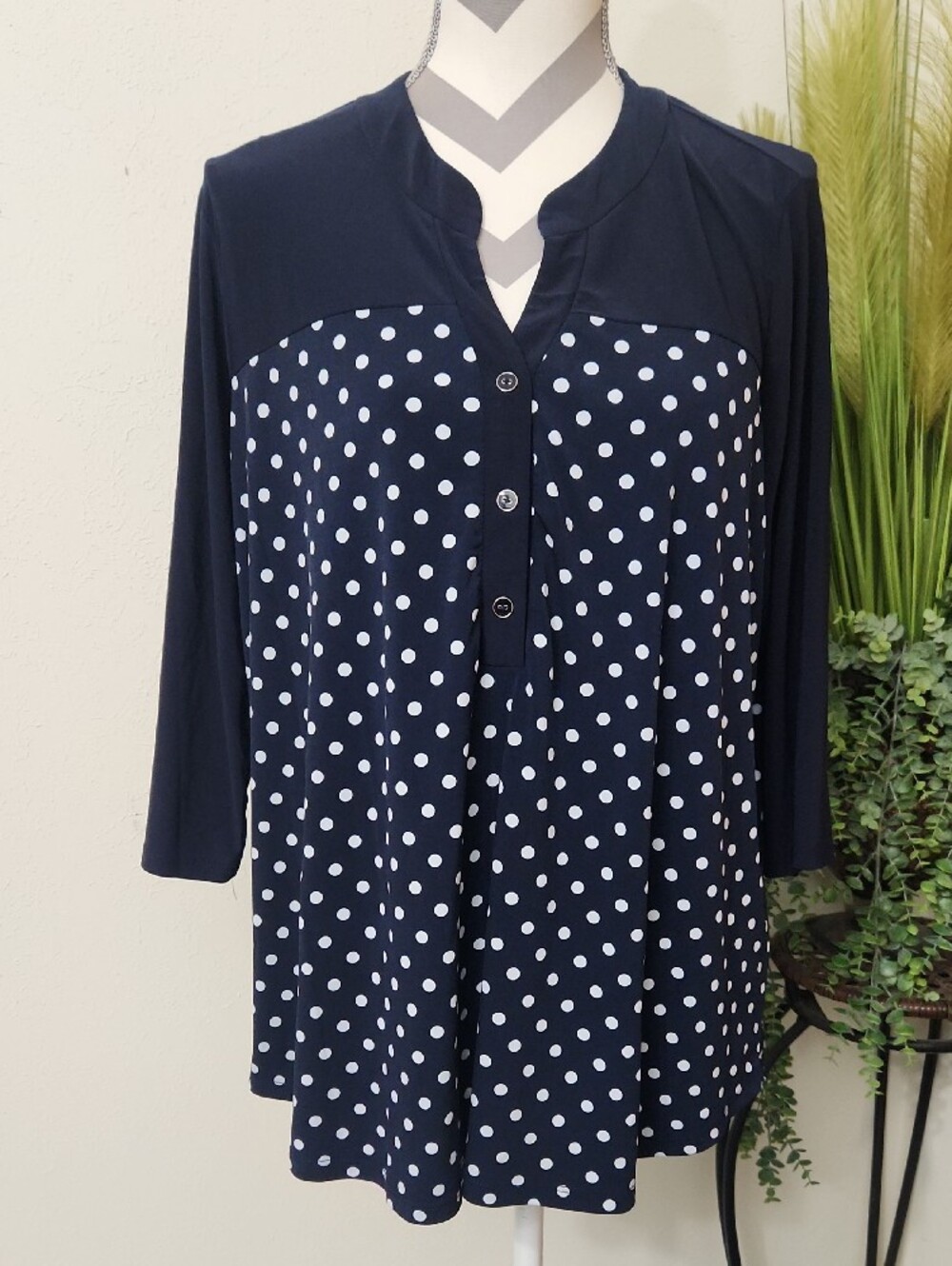 Elie McCarthy Navy and White Polka Dot Button-Front Blouse